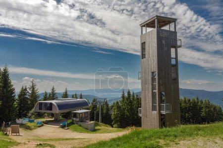 Photo for Wooden lookout tower at bear mountain in jeseniky mountains, upper station of chairlift. - Royalty Free Image