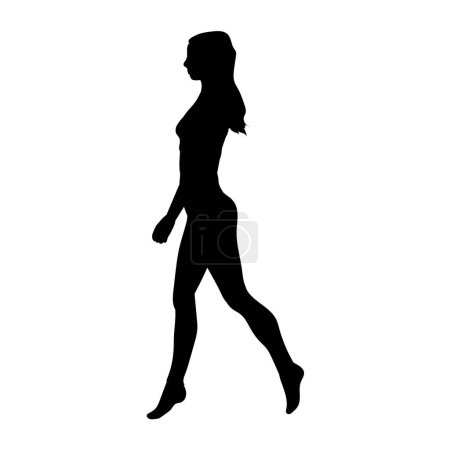 Una ilustración vectorial que representa la silueta de una chica caminante sobre un fondo blanco, transmitiendo elegancia y simplicidad.