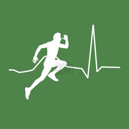 Vector illustration: green backdrop, white runner silhouette atop cardiogram. Symbolizes health, fitness, and active lifestyle. Captures motion, energy, and determination in sports. Promotes exercise, endurance, and wellbeing