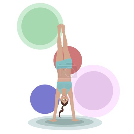 Athletic girl performs handstand acrobatics on colorful rings in a vector illustration, showcasing strength, flexibility, and grace