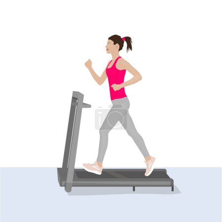 Mujer corriendo en una cinta de correr en una ilustración vectorial sobre fondo blanco, que simboliza la aptitud, la salud y la determinación