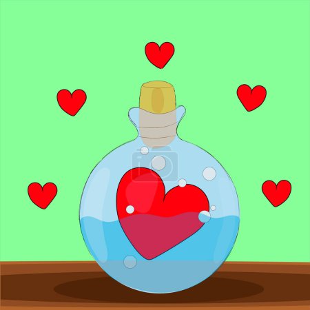Glaskolben mit roten Herzen im Inneren, die die Liebe zum Valentinstag symbolisieren, dargestellt in einer Vektorillustration