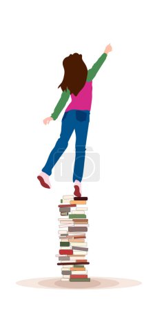 The vector illustration depicts a girl standing on stacks of books, reaching out with her hand towards an object. Her face is obscured as she is facing away from the camera. This image symbolizes the pursuit of knowledge