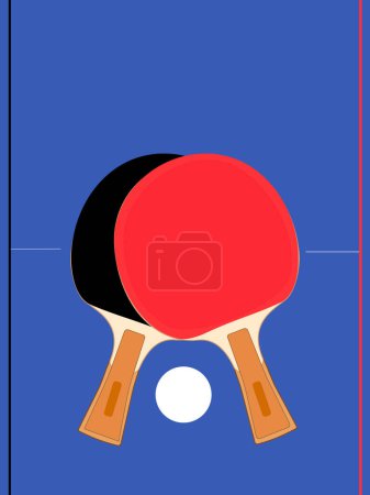raqueta de ping pong y pelota sobre un fondo de mesa azul