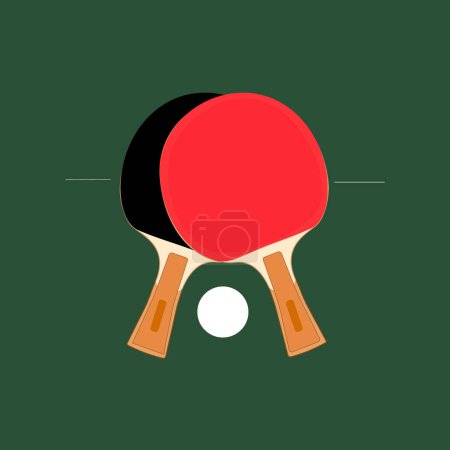 Ilustración vectorial con raquetas de tenis de mesa y una pelota de ping-pong sobre un fondo verde vibrante