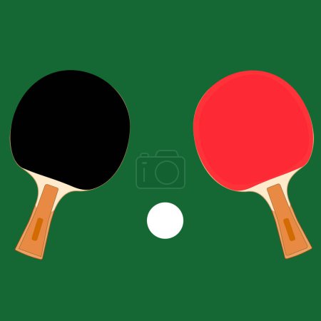 Una ilustración vectorial que muestra raquetas de tenis de mesa y una pelota de ping-pong sobre un vibrante fondo verde, evocando una atmósfera de juego dinámica