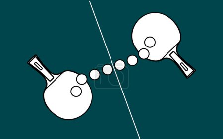 Ilustración vectorial con siluetas blancas y contornos de raquetas de tenis de mesa