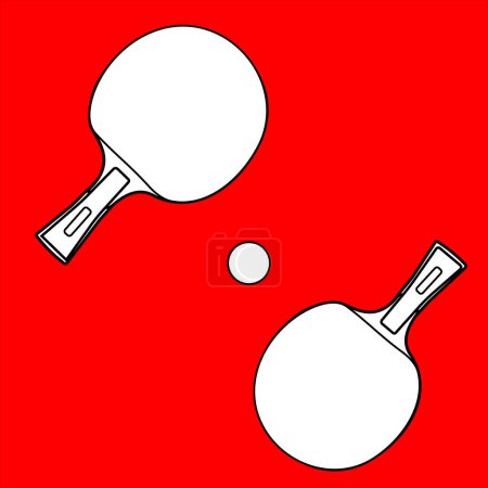 Illustration vectorielle avec deux raquettes de ping-pong à silhouette blanche aux contours noirs, accompagnées de balles de ping-pong, le tout sur fond rouge vif.
