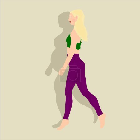 Una ilustración vectorial con una mujer atlética en forma caminando, yuxtapuesta con su sobrepeso y sombra no apta, que sirve como motivación para la mejora del cuerpo y opciones de estilo de vida saludable