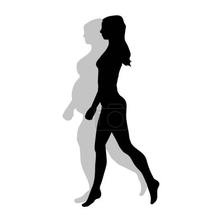 A vector illustration featuring the black silhouette of a slender athletic girl walking juxtaposed with her opposite full-bodied, unkempt shadow on a white background, symbolizing contrast and self-improvement.
