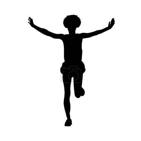 Eine Vektor-Illustration, die das siegreiche Finish einer dunkelhäutigen afrikanischen Läuferin bei einem Rennen darstellt, symbolisiert Triumph, Athletik und Entschlossenheit vor einem weißen Hintergrund zur Isolation