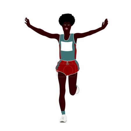 Illustration vectorielle représentant un coureur à la peau foncée traversant la ligne d'arrivée les bras tendus, montrant des émotions de victoire et de triomphe sur fond blanc, symbolisant la réussite et le succès dans le sport.