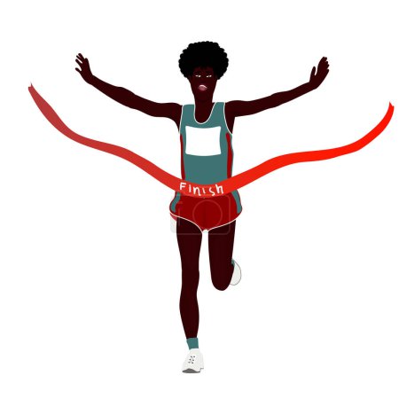 Illustration vectorielle représentant un coureur à la peau foncée traversant la ligne d'arrivée les bras tendus, montrant des émotions de victoire et de triomphe sur fond blanc, symbolisant la réussite et le succès dans le sport.