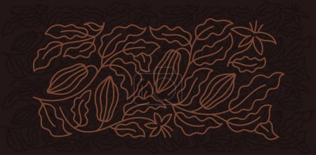 Cocoa background. Plant pattern. Beans and leaves. Editable outline stroke. Vector line illustration.