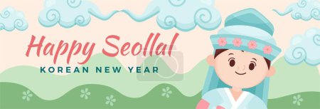 Téléchargez les illustrations : Heureux coréen séollal nouvelle année 2023 horizontal bannière vecteur plat design - en licence libre de droit
