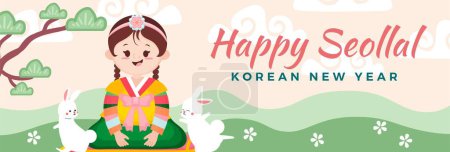 Téléchargez les illustrations : Heureux coréen séollal nouvelle année 2023 horizontal bannière vecteur plat design - en licence libre de droit