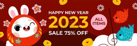 Ilustración de Feliz año nuevo chino conejo 2023 venta horizontal banner vector diseño - Imagen libre de derechos