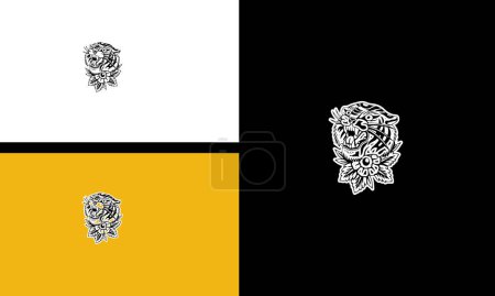 Ilustración de Head tiger roar and flowers vector outline design - Imagen libre de derechos