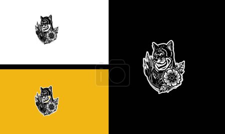 Téléchargez les illustrations : Tête loup et fleurs vecteur contour art design - en licence libre de droit