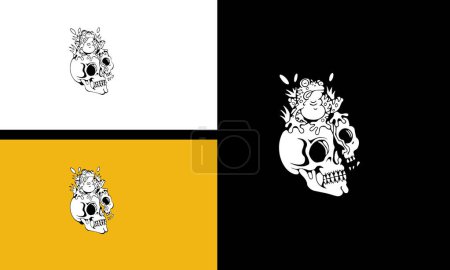 Téléchargez les illustrations : Tête crâne et grenouille vecteur ligne art plat design - en licence libre de droit