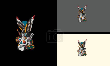 Téléchargez les illustrations : Conception de mascotte d'aigle volant et de crâne de tête vecteur - en licence libre de droit