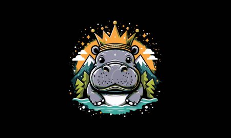 Téléchargez les illustrations : Tête hippopotame portant la couronne sur la montagne vectorielle illustration design - en licence libre de droit