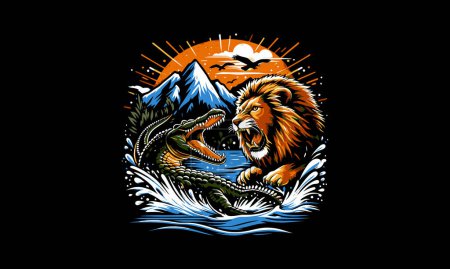 Illustration for Lion fight with crocodile on mountain vector artwork design - Royalty Free Image