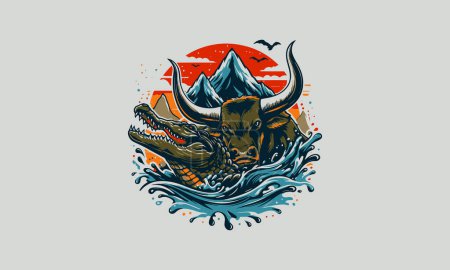 Ilustración de Toro y cocodrilo en la montaña vector diseño de obras de arte - Imagen libre de derechos