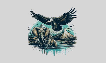 Illustration for Flying vulture and elephant on mountain vector artwork design - Royalty Free Image