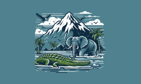 Ilustración de Elefante y cocodrilo en diseño de obras de arte de vectores de lago - Imagen libre de derechos