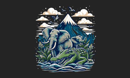 Ilustración de Elefante y cocodrilo en diseño de obras de arte de vectores de lago - Imagen libre de derechos