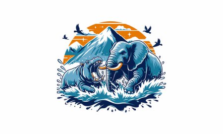 Ilustración de Elefante e hipopótamo en el diseño de obras de arte de vectores de montaña - Imagen libre de derechos