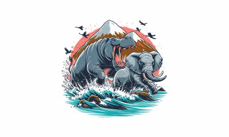 Ilustración de Elefante e hipopótamo en el diseño de obras de arte de vectores de montaña - Imagen libre de derechos