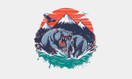 Illustration for Elephant and hippo on mountain vector artwork design - Royalty Free Image