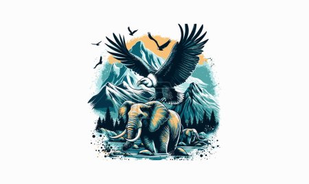 Ilustración de Buitre volador y elefante en diseño de obras de arte vectoriales de montaña - Imagen libre de derechos