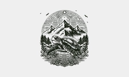 Ilustración de Tortuga en el diseño de contorno de vectores de montaña - Imagen libre de derechos