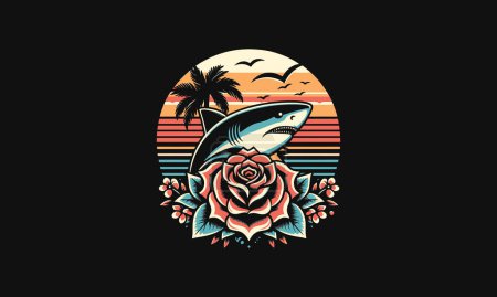 Ilustración de Tiburón y rosa vector tatuaje diseño - Imagen libre de derechos
