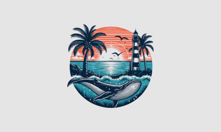 Illustration for Whale on sea sunset vector flat design - Royalty Free Image