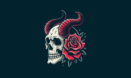 Illustration for Head skull with horn and rose vector tattoo design - Royalty Free Image