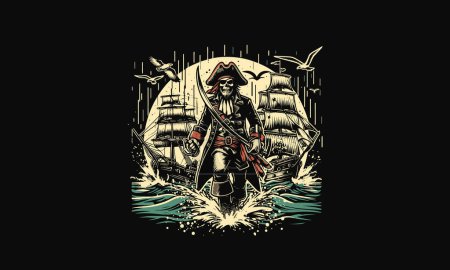 Pirata y barco en mar vector ilustración diseño de obras de arte