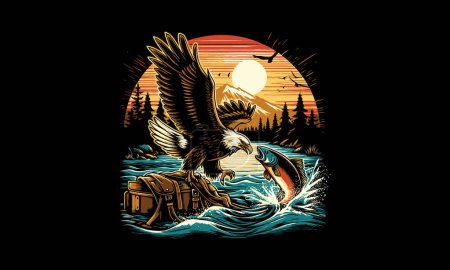 Illustration for Flying eagle on sea and fish vector illustration artwork design - Royalty Free Image