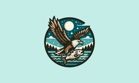 Ilustración de Águila voladora con logotipo de diseño plano de vector de peces - Imagen libre de derechos