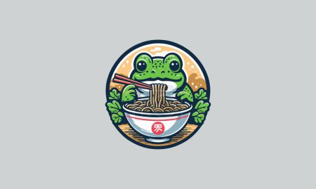 Ilustración de Rana verde comer ramen vector logo diseño - Imagen libre de derechos