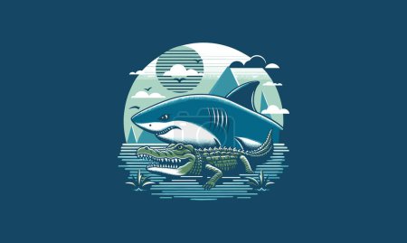 Ilustración de Tiburón y cocodrilo vector ilustración diseño de obras de arte - Imagen libre de derechos