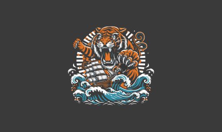 Téléchargez les illustrations : Tigre saut en colère et navire vecteur illustration design - en licence libre de droit