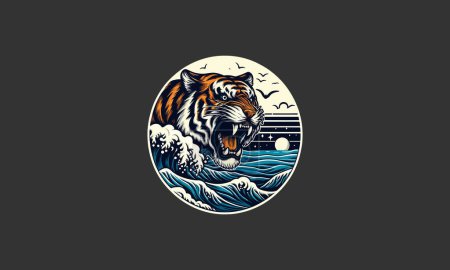 Tiger springen wütend und Schiff Vektor Artwork Design