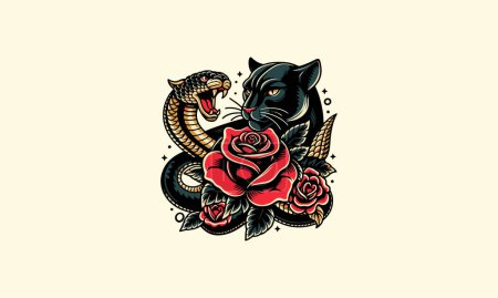 Foto de Cabeza pantera y serpiente y rosa vector tatuaje diseño - Imagen libre de derechos