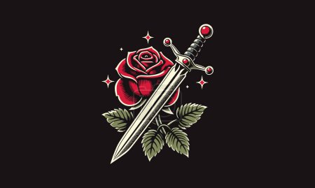 Téléchargez les illustrations : Épée et rose rouge vecteur illustration tatouage design - en licence libre de droit