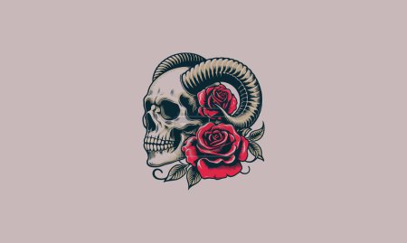 Illustration for Head skull with horn and red rose vector tattoo design - Royalty Free Image