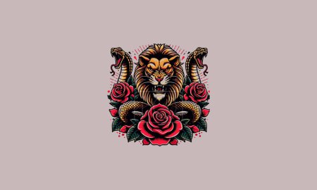 Illustration for Head lion with snake and rose vector artwork design - Royalty Free Image